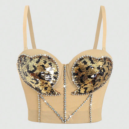 Leopard Print Love Diamond Surface Heavy Industry Boning Corset Bra Pure Want Wear Outside Women Vest