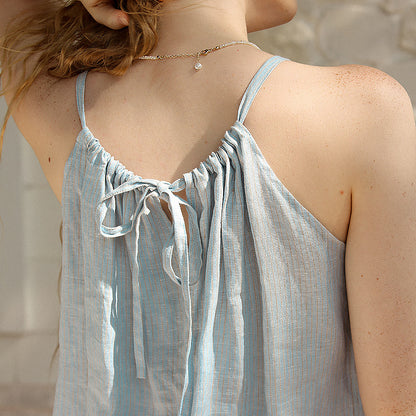 Leinengarn gefärbtes gestreiftes Camisole Sommer French Holiday Neckholder-Träger Ärmelloses Top