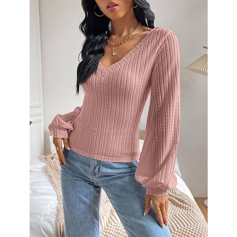 V neck Puff Sleeve Shirt Slim Office Twist Knitted Long-Sleeved Top