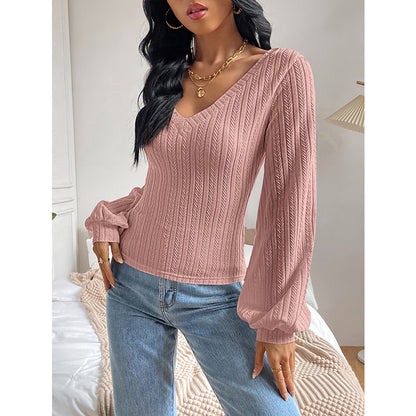 V neck Puff Sleeve Shirt Slim Office Twist Knitted Long-Sleeved Top