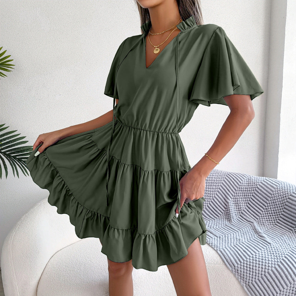 Spring Summer Flounced Ribbon Big Hem A- line Solid Color Dress Women Clothing