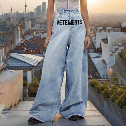 Pantalones vaqueros de cintura alta bordados con gráfico de letras especiales para mujer, pantalones de pierna ancha lavados de alta calidad, primavera y verano