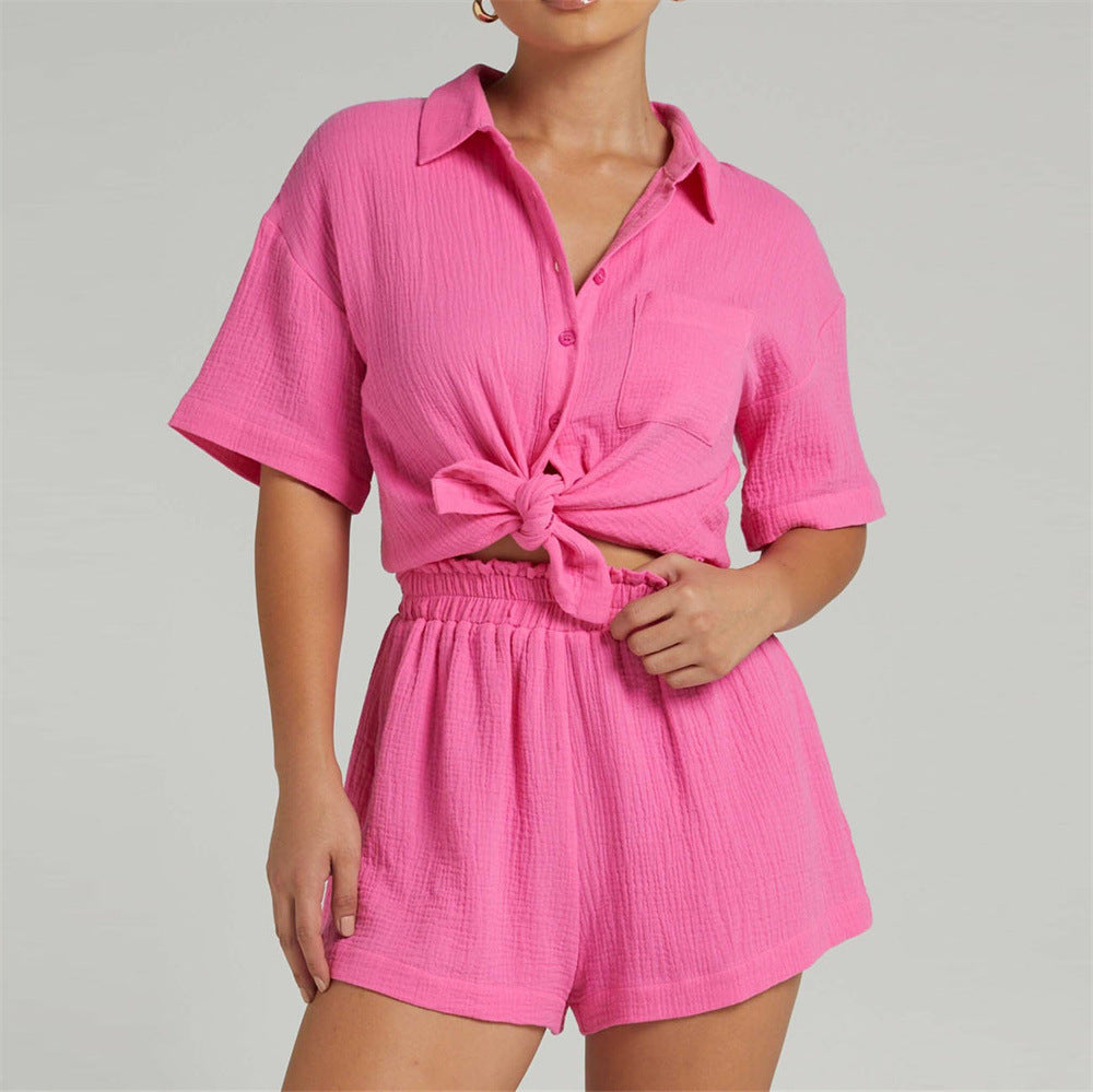 Solid Color Shirt Outfit Women Casual Loose Short Sleeves Single Breasted Women Clothing Spring Summer Shorts Two Piece Set