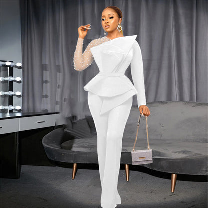 Women Clothing Stitching Mesh Beads Waist Slimming Jumpsuit