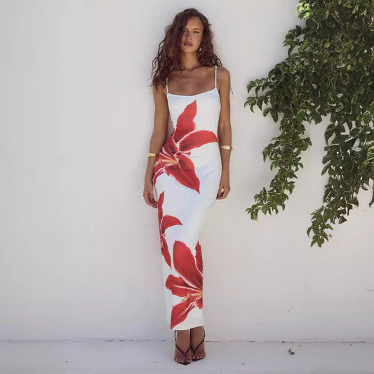 Sommer Damen Kleidung Sexy Strap Floral Print Slim Fit Maxi Kleid