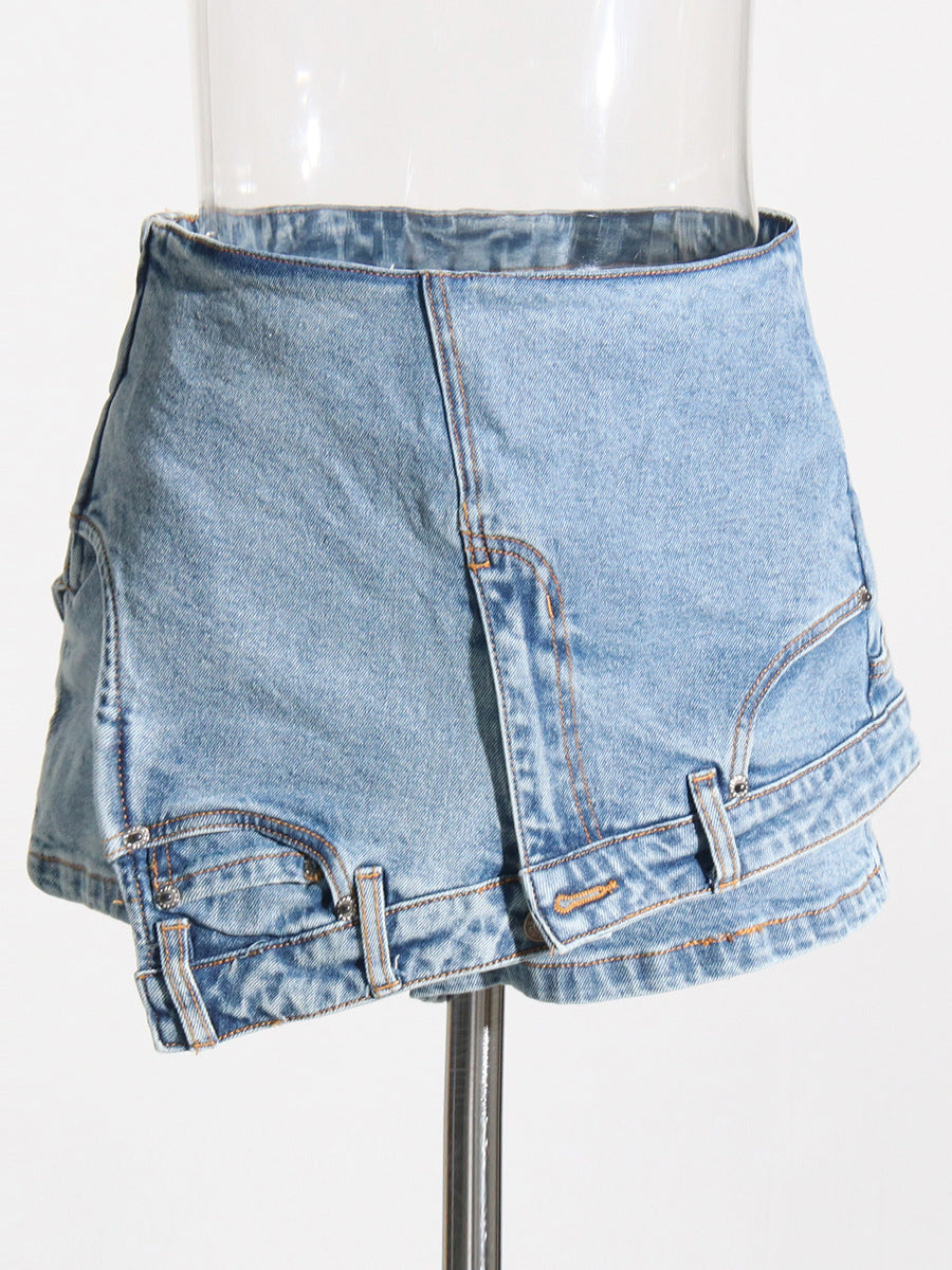 Persönlichkeit Street Denim Stitching Shorts Herbst Hohe Taille Unregelmäßigen Asymmetrische Washed Worn Jeans Frauen