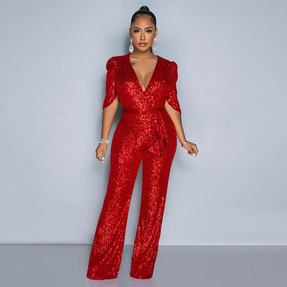 Sexy V-Ausschnitt Halbarm Slim Fit Pailletten Party Jumpsuit Damen