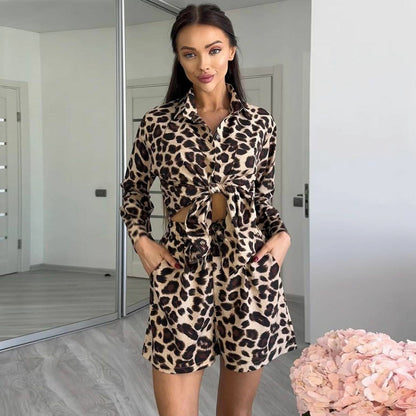 Summer Women Leopard Print Long Sleeve Cardigan Shirt Women Shorts Women Two Piece Set