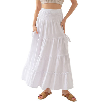 Women Ultra Long Bohemian Dress Summer Elegant Renaissance Pocket Cotton Double Layer Gauze Skirt