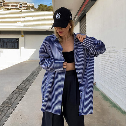 Camisa de manga larga a rayas blancas y Retro Azul de calle para mujer, cárdigan holgado de algodón con estilo para otoño