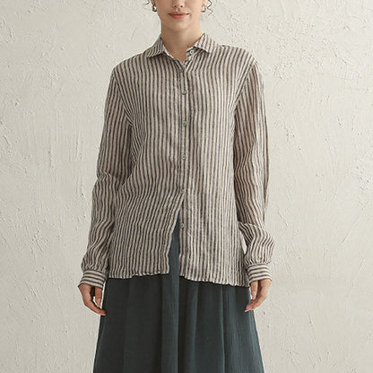 Camisa de lino a rayas para mujer, cárdigan holgado de manga larga de nicho, ropa interior de lino y algodón japonés, vestido informal ajustado