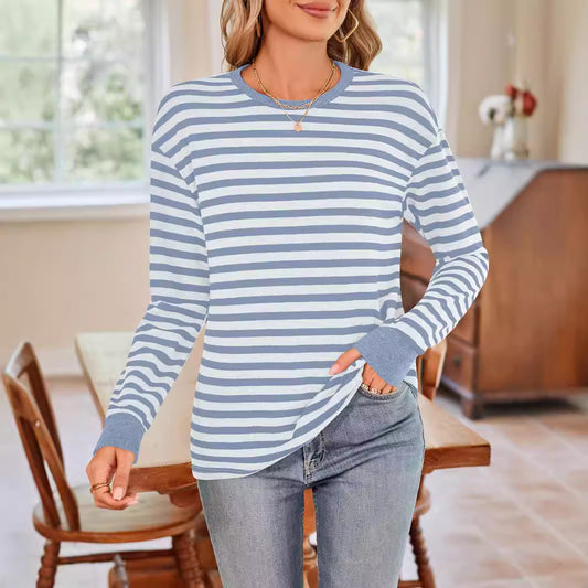 Women Clothing Autumn Winter Striped Contrast Color round Neck Long Sleeve Loose Fitting T shirt Top