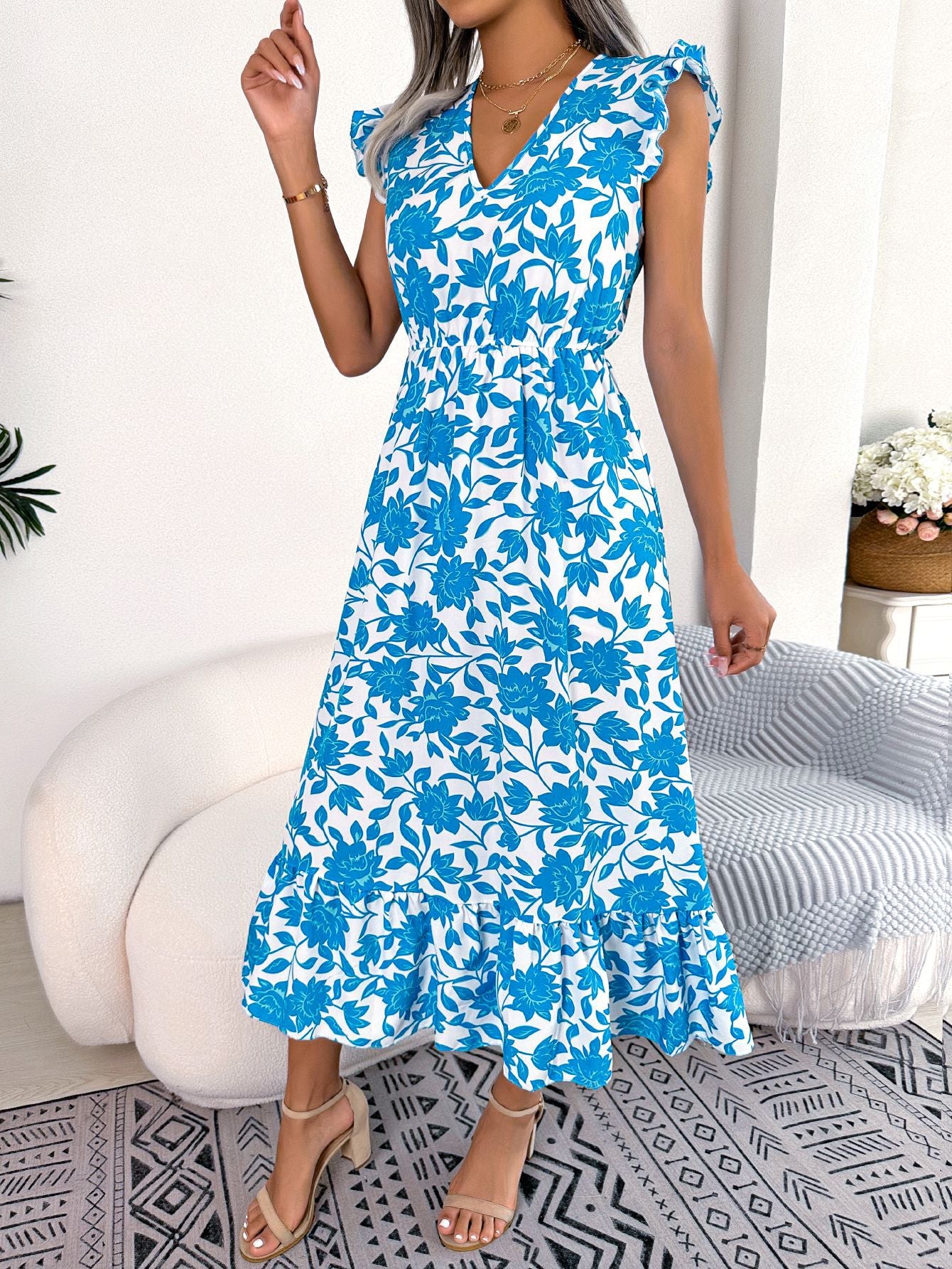 Frühling Sommer Casual Holz Ohr Floral Taille Abnehmen Maxi Kleid Urlaub Kleid Frauen Kleidung