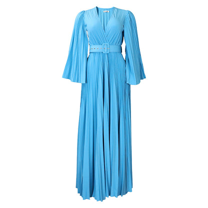 Women Clothing V neck Sexy Pleated Formal Swing Dress Maxi Dress