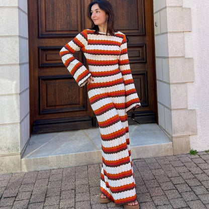 Striped Contrast Color Beach Vacation Sexy Dress Knitted Hollow Out Cutout Maxi Dress Blouse Summer Women