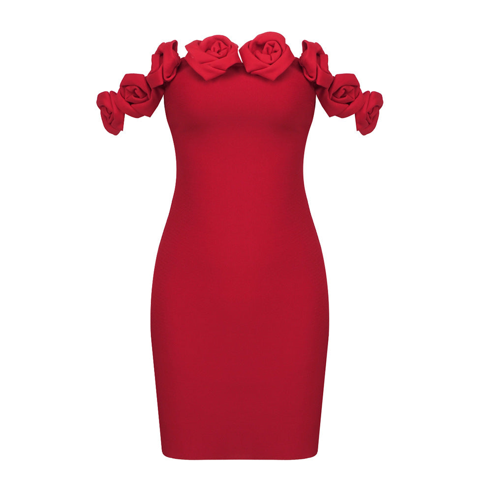 Vestido rojo con flores Bardot Ropa de verano para mujer Vestido elástico