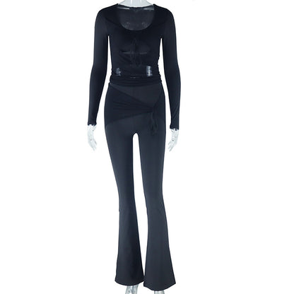 Women Clothing Solid Color Casual Suit Two Piece Suit Mesh Stitching Long Sleeves Top Trousers Suits