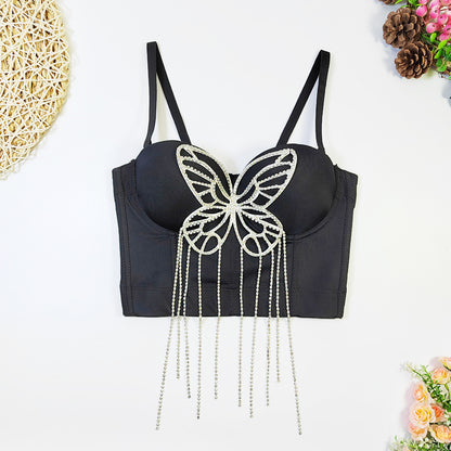 Three Dimensional Butterfly Beaded Tassel Sling Vest Outer Wear With Steel Ring Body Shaping Boning Corset Tube Top