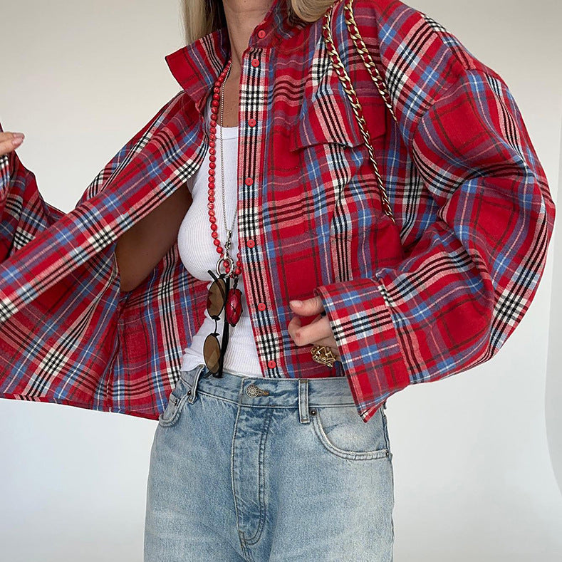 Camisa elegante de manga larga a cuadros con cuello de algodón y poliéster corta para primavera y verano