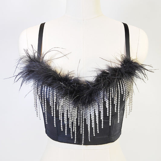 Sexy Big Backless Wrapped Chest Outer Wear Women Clothing Night Summary Ultra Short Feather Tassel Bra