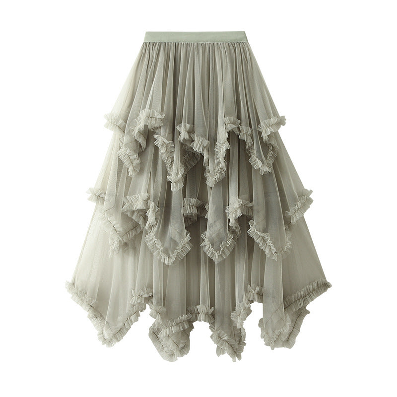 Wooden Ear Irregular Asymmetric Mesh Tiered Skirt Mid Length High Waist Big Swing Puffy Fairy Gauze Dress Long Skirt