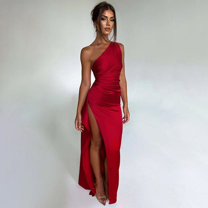 Ropa de mujer Vestido Sexy Un hombro Slim Fit Slit Maxi Vestido Vestido sin espalda Vestido de noche de mujer