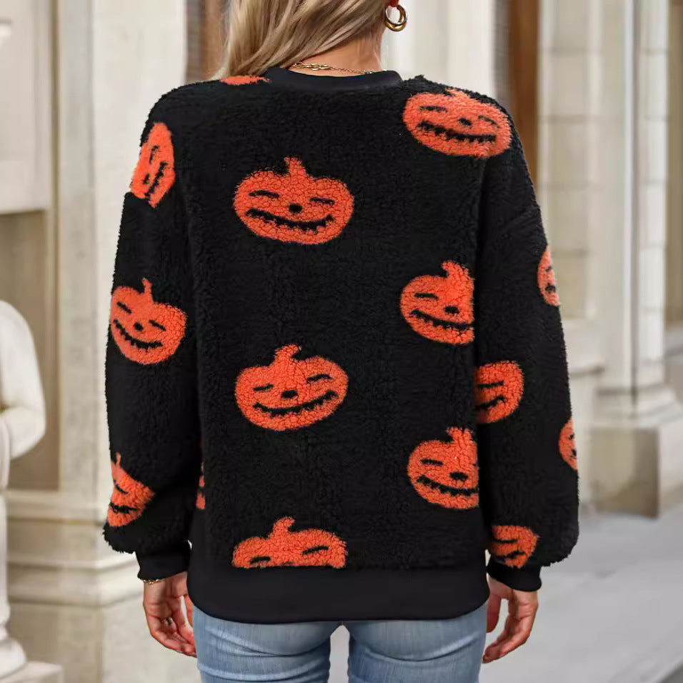 Frauen Herbst Winter Halloween Gedruckt Plüsch Lose Pullover Sweatershirt