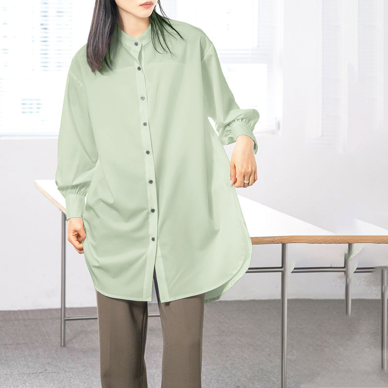 Real Shot Japanese Korean Spring Women Shirt Loose Solid Color Split Mid Length Lantern Sleeve Shirt Women