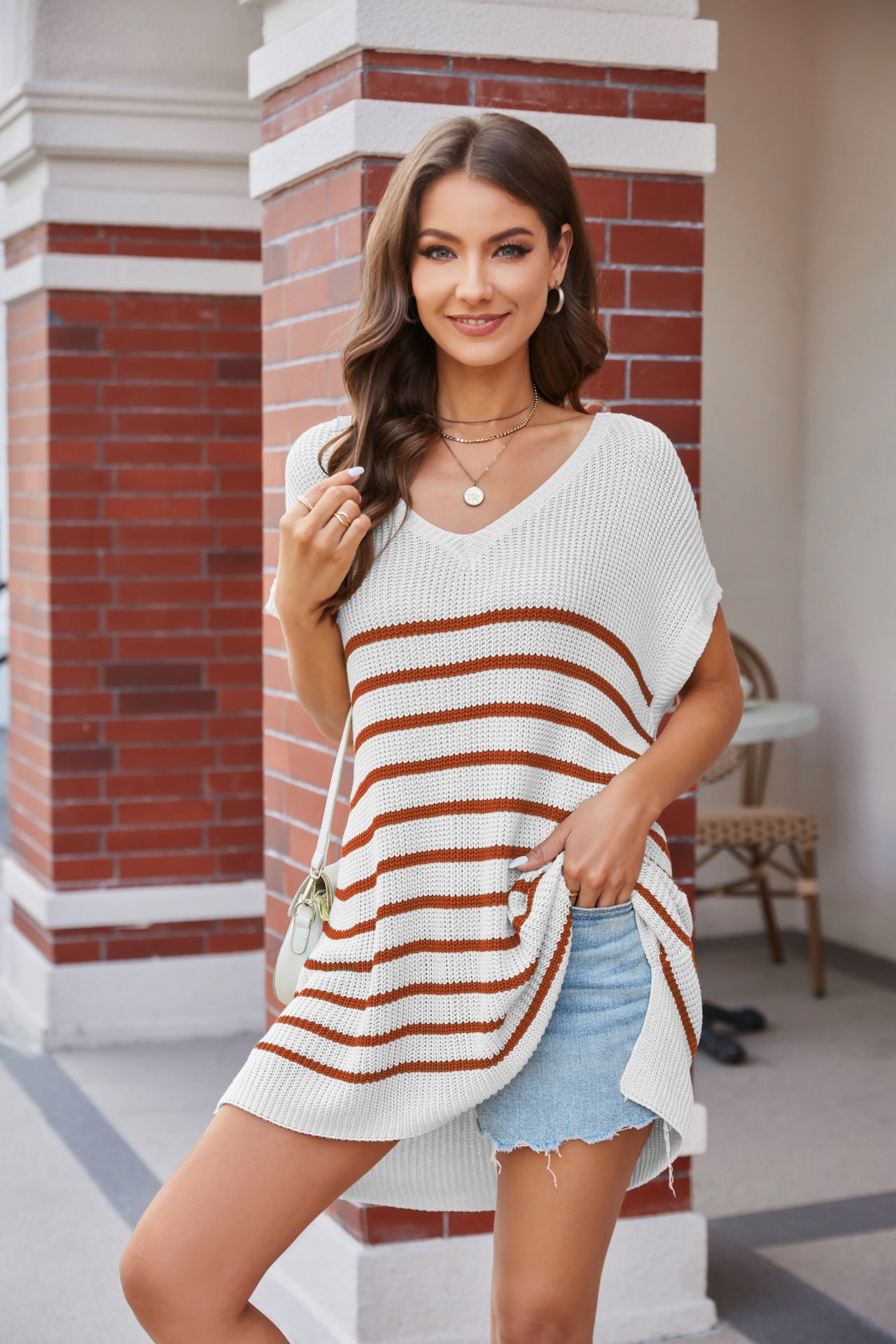 Spring Summer Women Clothing Striped Color Matching Sweater V neck Loose Top