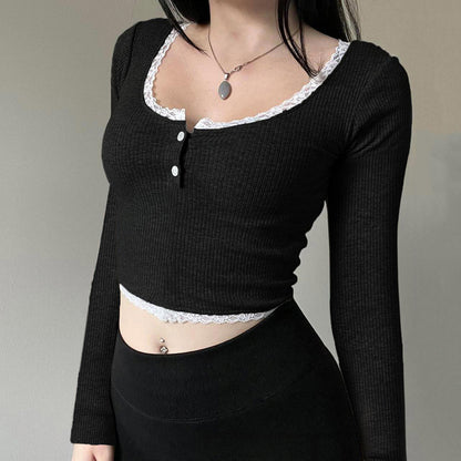 Fresh Sent Lace Square Collar Breasted Bottoming Long Sleeve Spring Autumn Basic All Matching Slim Fit Short Top