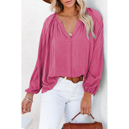 Spring Autumn V neck Long Sleeve Top Women Solid Color Loose Fitting T shirt