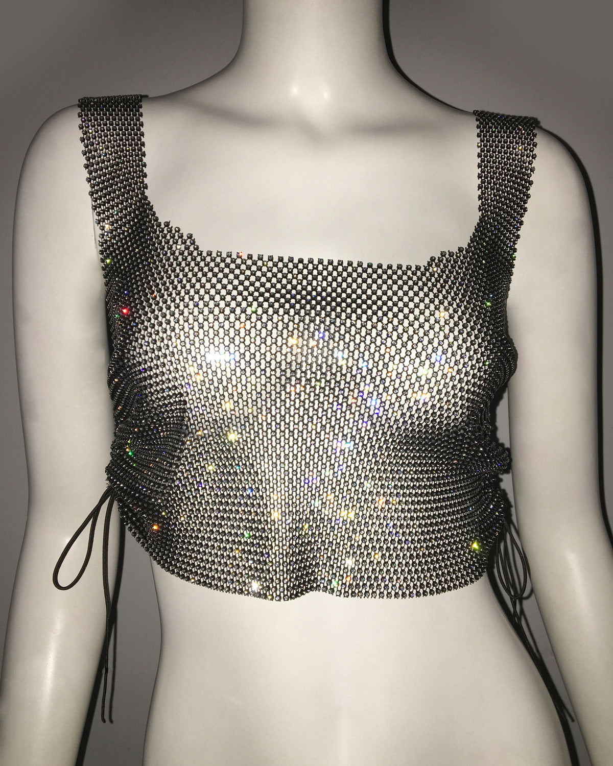 Sexy Vest Top Drawstring Vest Lace Up Adjustable Fishnet Rhinestone Sweet Spicy Top