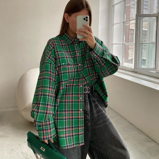 Frauen Kleidung Herbst Winter Retro Lose Plaid Shacket Kragen Langarm Hemd