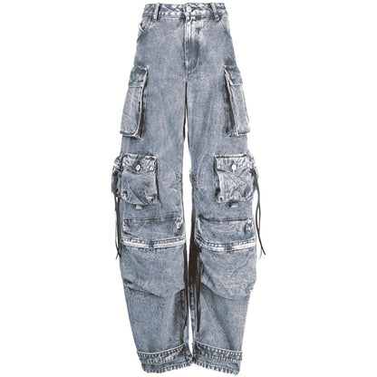 Street Modern Kombination Jeans Frauen Millionen Können Tragen Passender Arbeitskleidung Multi-Pocket Washed Wear Wide Leg Pants