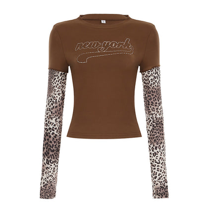 Leopard Splicing Faux Two Piece Top Street Slim Fit Long Sleeved T shirt Women