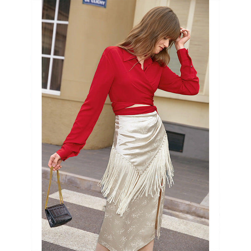 Summer Luxury Dark Pattern Tassel Split Skirt for Women