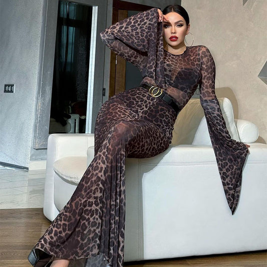 Women Clothing Sexy Mesh See Through Printed Leopard Print Dress Slim Fit Sheath Fishtail Dress No Belt