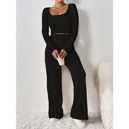 Round Neck Long Sleeve Casual Set Knitted Sunken Stripe Wide Leg Pants Sets for Women