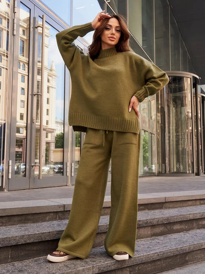 Women Clothing Solid Color Stand Collar Split Casual Sweater Sweater Pullover Knitted Trousers Loose Two Piece Sets