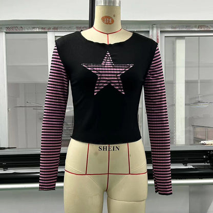 Star Stripes Sweet Cool Women Long Sleeve Striped Stitching T shirt Five Pointed Star Embroidered Casual Top