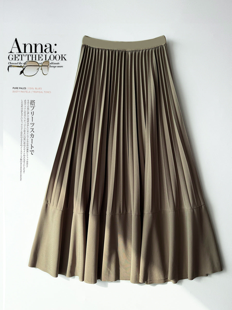 Simple Elegant Pleated Skirt for Women Spring Summer Elegant Stitching A line Slimming Large Swing Mid Length Skirt