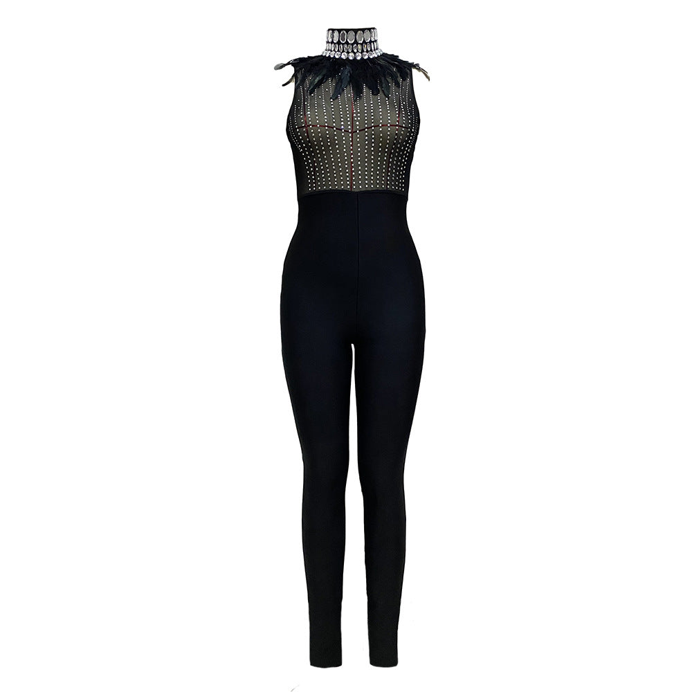 Sexy Sheer Mesh Stitching Bandage Jumpsuit Feather Diamond Elastic Sleeveless Jumpsuit