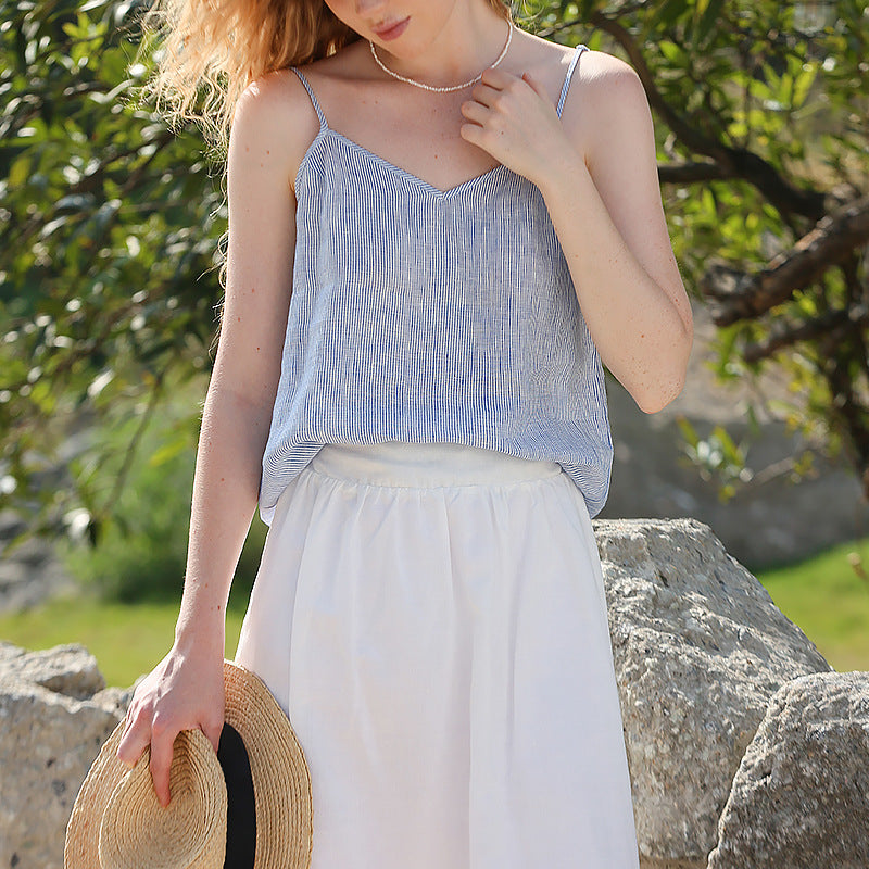 Camisola de lino puro para mujer, chaleco a rayas azul cielo francés, Top holgado sin mangas con cuello de pico, verano