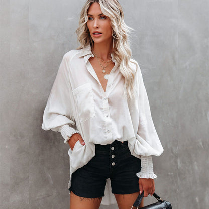 Spring New Button Loose Lantern Sleeve Long Sleeve Shirt Women Clothing