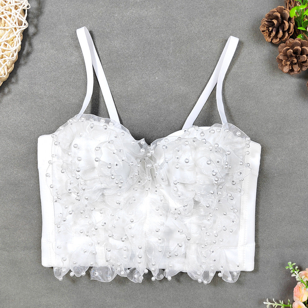 Organza-Nähte, Spitze, Rüschen, eingewickelte Brust, schmale, elastische Perlenspitze, Sling-Oberbekleidung, elegantes Tube-Top