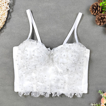 Organza Stitching Lace Ruffled Wrapped Chest Slim Elastic Pearl Lace Sling Outer Wear Elegant Tube Top