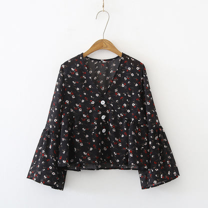 Breasted Skirt Baby Shirt Top Fresh Vintage Floral V neck Flared Sleeves Chiffon Shirt for Women