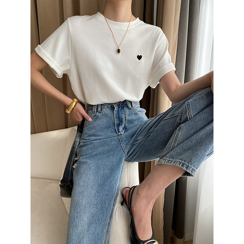 Love Small Embroidered Shoulder Slimming Casual Short Sleeved T Shirt Loose Early Spring