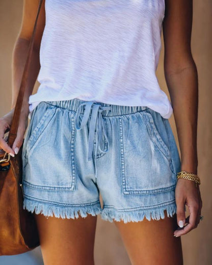 Sommer Neue Elastische Taille Kordelzug Lässige Hohe Taille Abnehmen Denim Shorts für Frauen