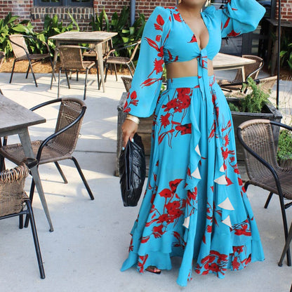 Summer Sexy Printed Lace up Top Skirt Two-Piece Outer Code Suit